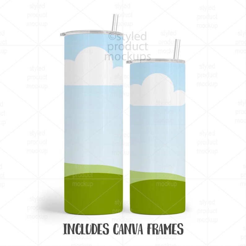 K&ouml;nnte beinhalten: Zwei Edelstahlbecher mit Deckel und Strohhalmen. Die Becher haben ein Design zum Thema Himmel mit blauen, wei&szlig;en und gr&uuml;nen Farben. Der Text "INCLUDES CANVA FRAMES" ist unten im Bild aufgedruckt.
