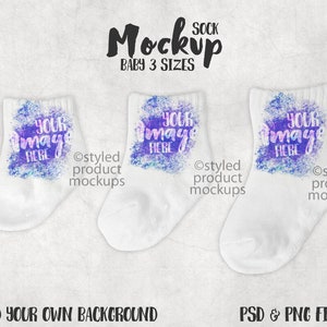 Dye sublimation 3 sizes baby infant socks Mockup | Add your own image and background