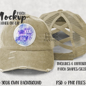 Dye sublimation leather patch on ponytail vintage trucker cap Mockup | Add your own image and background