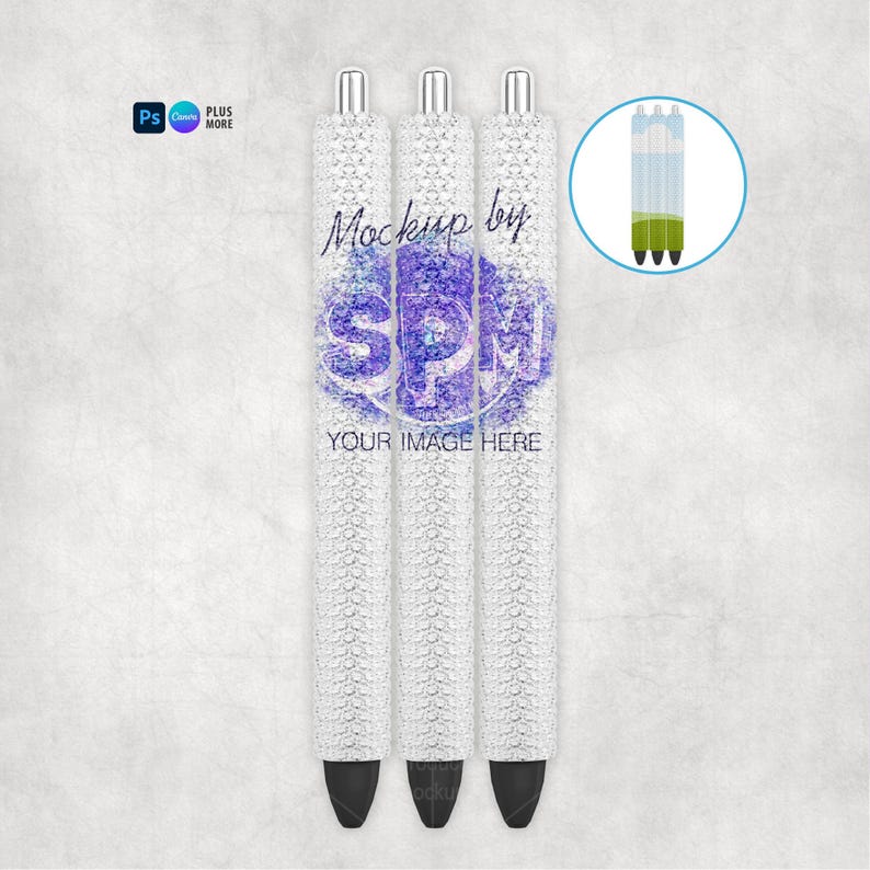 May include: Three white pens with silver detailing and black tips. The pens feature a textured pattern and a purple and blue floral design with the text "Mockup by SPM" and "YOUR IMAGE HERE". A circular graphic shows the pen's ink.