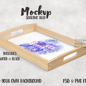 May include: Wooden serving tray mockup with a white interior and a blue and purple design. The tray has cut-out handles and includes the text "Mockup Serving Tray". The image also includes the text "Includes Wood & Black".