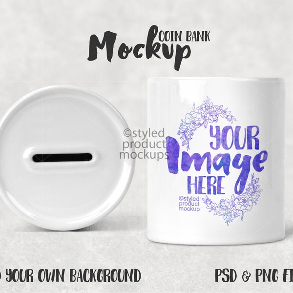 Dye sublimation ceramic coin bank mockup | Add your own image and background