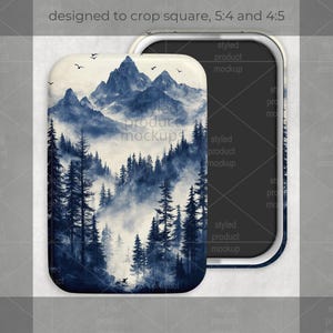 May include: A rectangular magnet with a mountain and forest scene in shades of blue and white. The design features tall pine trees, a misty forest, and a mountain range with birds flying overhead. The magnet is designed to crop square, 5:4 and 4:5.