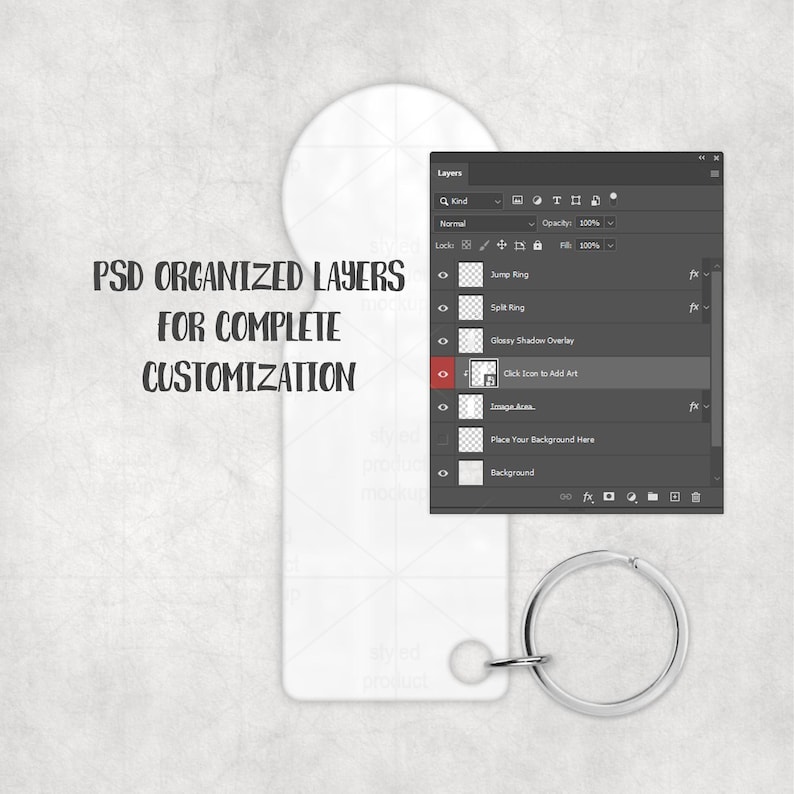 May include: A white keychain template with a silver key ring, and a digital interface showing layers for customization. Text on the image reads "PSD ORGANIZED LAYERS FOR COMPLETE CUSTOMIZATION."