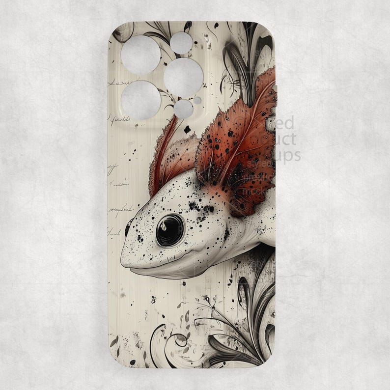 May include: A phone case featuring a detailed illustration of an axolotl. The axolotl is white with black spots and red-orange feathery gills. The background is a cream color with black floral accents and script.