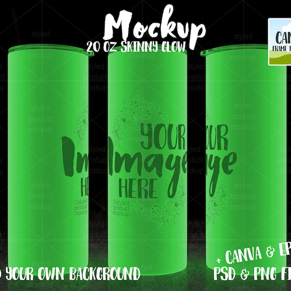 20oz skinny glow in the dark tumbler Mockup full wrap view | Add your own image and background | dye sublimation mockup