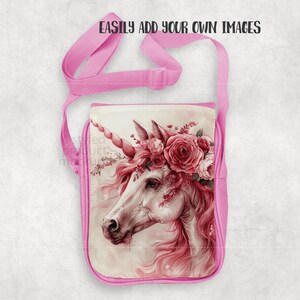 K&ouml;nnte beinhalten: Rosa Umh&auml;ngetasche mit einer Illustration eines Einhorns mit Blumenkrone. Die Tasche hat einen rosa Riemen und Besatz, mit dem Text "EASILY ADD YOUR OWN IMAGES" oben. Das Einhorn hat ein rosa Horn und eine M&auml;hne.