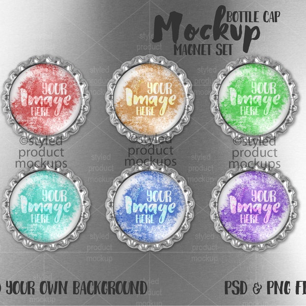 Bottlecap magnet set with glass cabochon mockup | Add your own image and background
