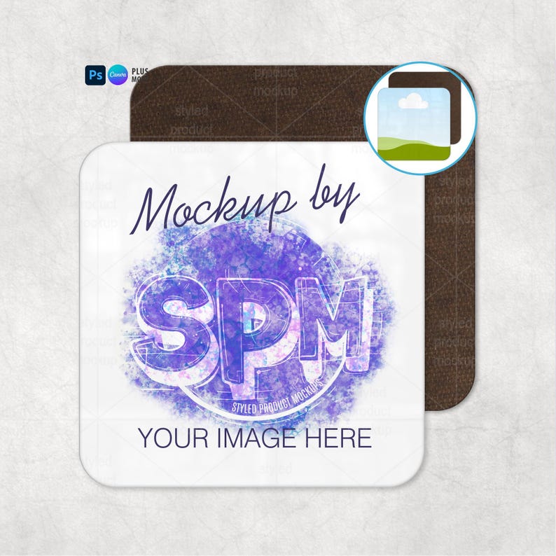 May include: A white square product mockup with rounded corners, featuring the text "Mockup by SPM" in a stylized font. The design includes a purple and blue watercolor effect. The words "YOUR IMAGE HERE" are also visible.