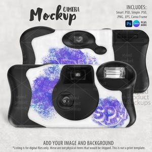 May include: A mockup of two black and white cameras with a purple watercolor design. The text "CAMERA Mockup" is at the top, and "SPM" is on the camera. The image includes text that says "Includes: Smart .PSD, Simple .PSD, .PNG, .EPS, Canva Frame".
