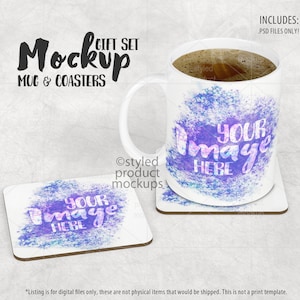 Sottobicchiere quadrato in cartone rigido a sublimazione della tintura e set regalo con tazza da 11 once Mockup / Aggiungi la tua immagine e il tuo sfondo