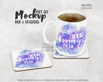 Dye sublimation square hardboard coaster and 11oz mug gift set Mockup | Add your own image and background