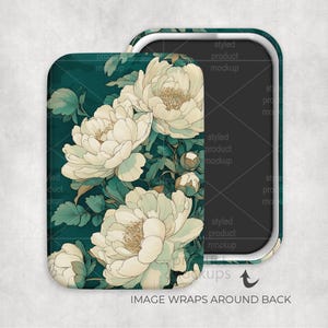 May include: A phone case with a floral design. The case features large, cream-colored peony flowers with yellow centers and green leaves against a dark teal background. The text "IMAGE WRAPS AROUND BACK" is visible.