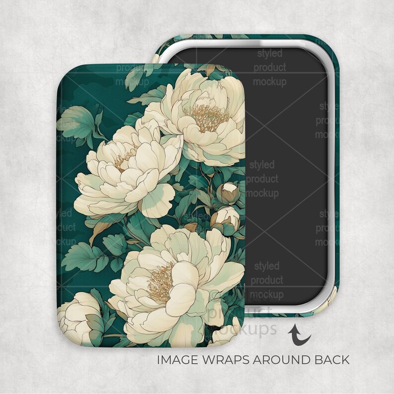 May include: A phone case with a floral design. The case features large, cream-colored peony flowers with yellow centers and green leaves against a dark teal background. The text "IMAGE WRAPS AROUND BACK" is visible.