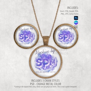 Może przedstawiać: Brązowy naszyjnik z trzema okrągłymi wisiorkami. Każdy wisiorek ma fioletowo-biały wz&oacute;r z tekstem "Mockup by SPM YOUR IMAGE HERE". Obraz zawiera tekst o formatach plik&oacute;w i stylach łańcuch&oacute;w.
