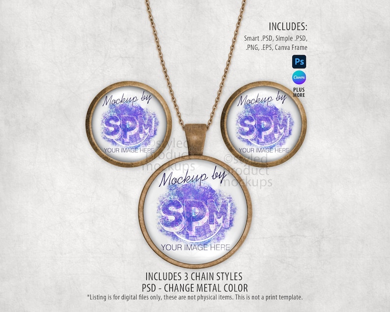Może przedstawiać: Brązowy naszyjnik z trzema okrągłymi wisiorkami. Każdy wisiorek ma fioletowo-biały wz&oacute;r z tekstem "Mockup by SPM YOUR IMAGE HERE". Obraz zawiera tekst o formatach plik&oacute;w i stylach łańcuch&oacute;w.