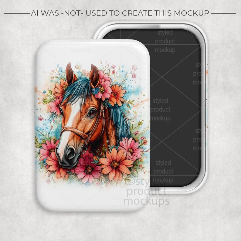 May include: A white rectangular magnet featuring a watercolor illustration of a horse's head adorned with flowers. The horse has a brown coat, blue mane, and is surrounded by pink and orange flowers. The text "-AI WAS -NOT- USED TO CREATE THIS MOCKUP" is at the top.