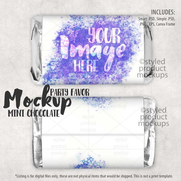 Mini Chocolate Bar Wrapper Mockup | Party Favor mini chocolate label mockup | Add your own image and background