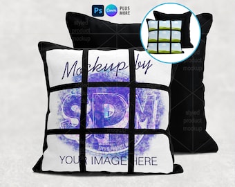 Maqueta de almohada de 9 paneles / Maqueta de almohada de sublimación de tinta / PSD inteligente, marco de Canva, PNG transparente