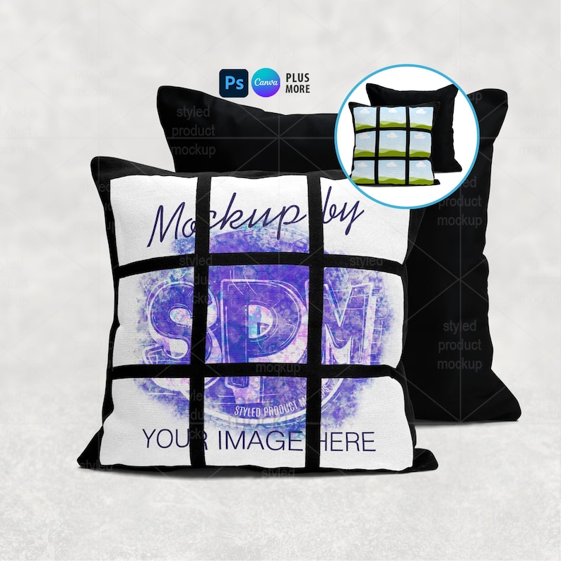 9 Panel Pillow Mockup | Dye Sublimation Pillow Mockup | Smart PSD, Canva Frame, Transparent PNG image 1