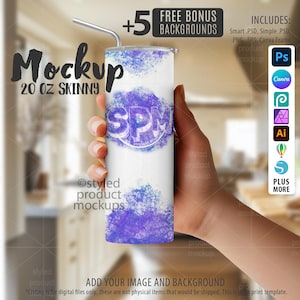 May include: A white 20 oz (591 ml) skinny tumbler mockup with a purple watercolour design and a silver straw. The tumbler has the letters "SPM" in a purple circle. The image includes text that says "Mockup" and "Add your image and background".