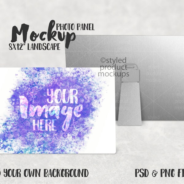 Dye sublimation 8x12 inch aluminum photo panel with easel mockup | Add your own image and background