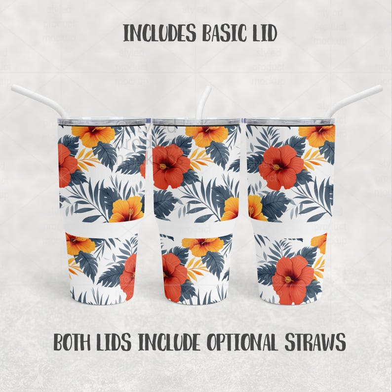 May include: Three white insulated tumblers with lids and straws. The tumblers feature a floral pattern of red and yellow hibiscus flowers and blue leaves. The text "INCLUDES BASIC LID" and "BOTH LIDS INCLUDE OPTIONAL STRAWS" is visible.