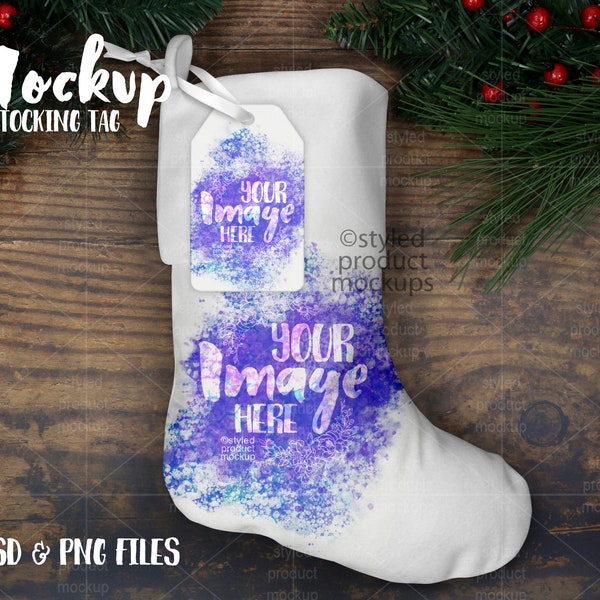 Dye sublimation Christmas stocking with tag shaped tag Mockup | Add your own image and background