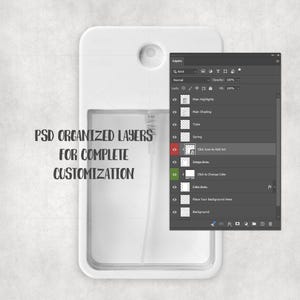 May include: A white, rectangular spray bottle design with a rounded top and a small hole. The image includes a Photoshop layers panel and the text "PSD ORGANIZED LAYERS FOR COMPLETE CUSTOMIZATION."