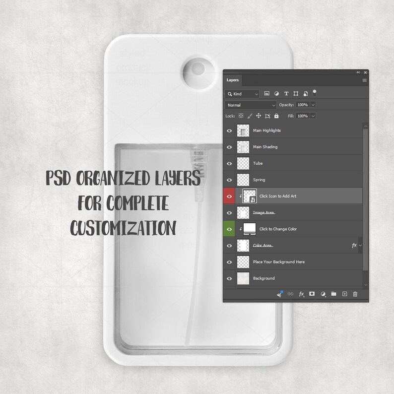 May include: A white, rectangular spray bottle design with a rounded top and a small hole. The image includes a Photoshop layers panel and the text "PSD ORGANIZED LAYERS FOR COMPLETE CUSTOMIZATION."