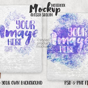 Dye sublimation glossy sequin notebook Mockup | Add your own image and background
