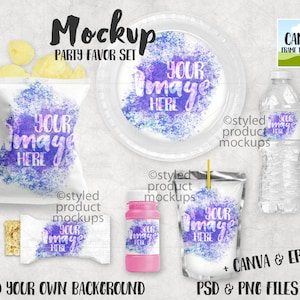 Puede incluir: Un conjunto de maquetas de favores de fiesta con un diseño de acuarela. El conjunto incluye una bolsa de patatas fritas, un plato, una caja de zumo, una botella de agua y una pequeña botella de burbujas. El diseño presenta un fondo de acuarela morado y azul con el texto "Tu imagen aquí".