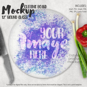 Dye sublimation 12 inch round glass cutting board Mockup | Add your own image and background