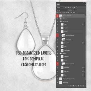 May include: A silver-toned earring and pendant set with a teardrop shape, displayed on a light background. The earring has a hook, and the pendant hangs from a chain. Text on the image reads "PSD ORGANIZED LAYERS FOR COMPLETE CUSTOMIZATION."