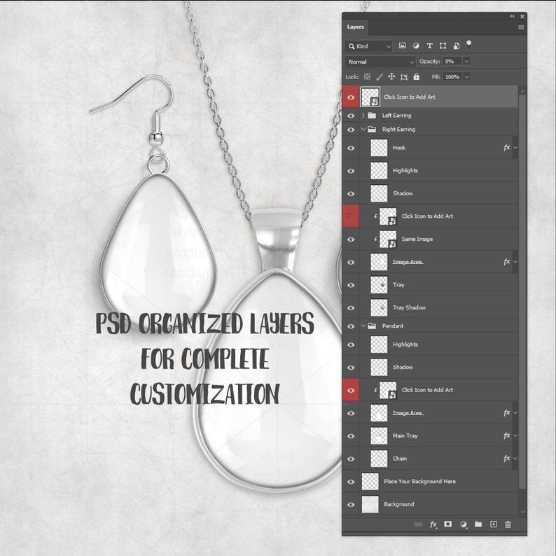 May include: A silver-toned earring and pendant set with a teardrop shape, displayed on a light background. The earring has a hook, and the pendant hangs from a chain. Text on the image reads "PSD ORGANIZED LAYERS FOR COMPLETE CUSTOMIZATION."