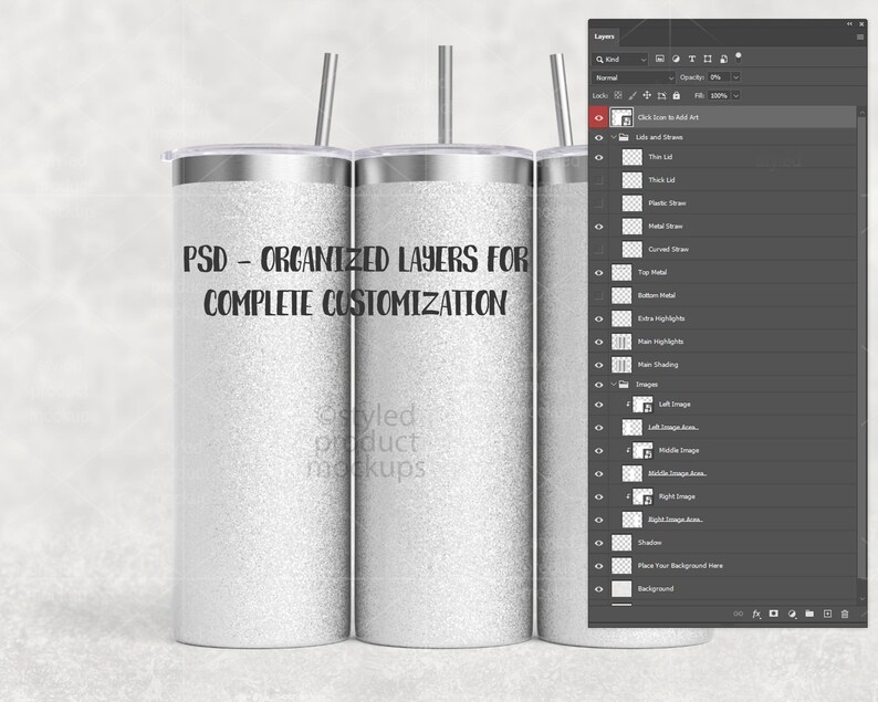 Peut inclure: Trois gobelets argent&eacute;s recouverts de paillettes avec couvercles et pailles. Les gobelets portent l'inscription "PSD - ORGANIZED LAYERS FOR COMPLETE CUSTOMIZATION". L'image montre &eacute;galement un panneau de calques Photoshop.