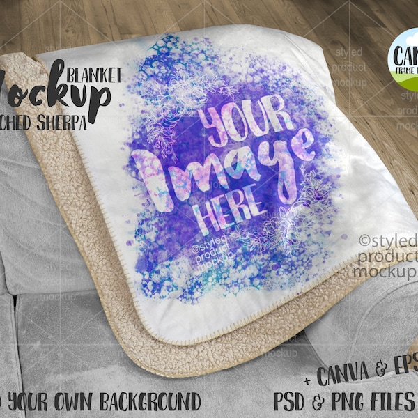 Dye sublimation large stitched sherpa backed blanket Mockup | Add your own image and background | canva frame mockup