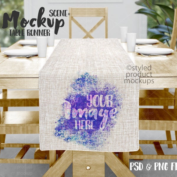 Dye sublimation linen table runner on table Mockup | Add your own image