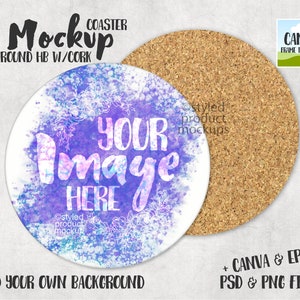 Dye sublimation round hard board coaster with cork backing Mockup | Add your own image and background | Canva frame mockup