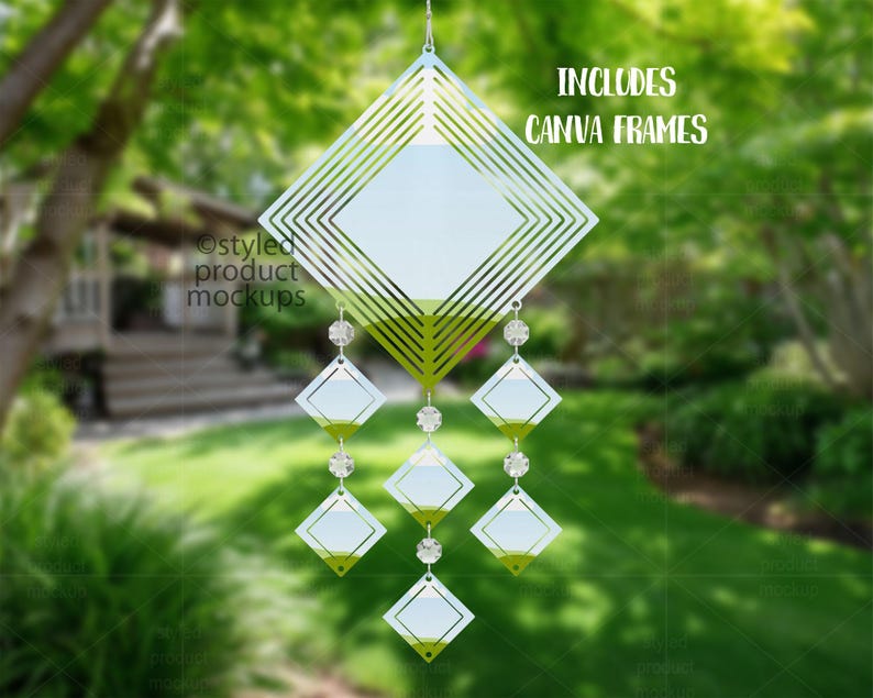 May include: A decorative wind chime with a geometric design. It features diamond-shaped elements and clear crystal beads. The wind chime is suspended from a metal hook and includes the text "INCLUDES CANVA FRAMES".