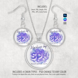 May include: A silver necklace and earring set with round pendants. Each pendant features a design with the text "Mockup by SPM" and "YOUR IMAGE HERE" in a purple and blue watercolor style. The image also includes text about the digital file.