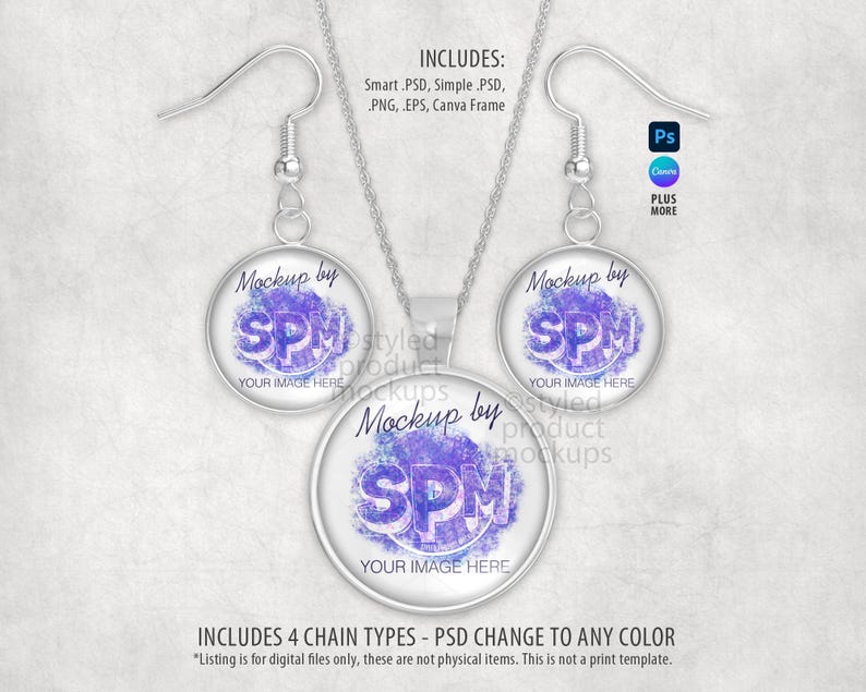 May include: A silver necklace and earring set with round pendants. Each pendant features a design with the text "Mockup by SPM" and "YOUR IMAGE HERE" in a purple and blue watercolor style. The image also includes text about the digital file.