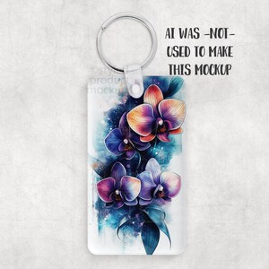 K&ouml;nnte beinhalten: Rechteckiger Schl&uuml;sselanh&auml;nger mit einem Aquarelldesign aus lila, orangefarbenen und blauen Orchideen. Der Schl&uuml;sselanh&auml;nger hat einen silberfarbenen Ring und einen transparenten Kunststoffaufsatz. Der Text auf dem Bild lautet: AI WAS -NOT- USED TO MAKE THIS MOCKUP.