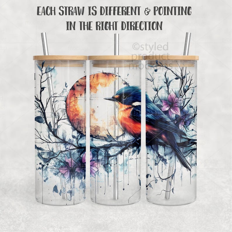 May include: Three glass tumblers with bamboo lids and metal straws. Each tumbler features a watercolor design of a bird perched on a branch, with a full moon in the background. The text at the top says, "EACH STRAW IS DIFFERENT & POINTING IN THE RIGHT DIRECTION."