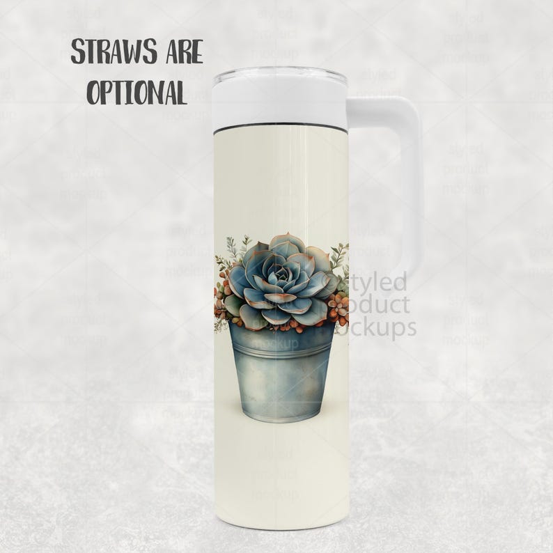 May include: A white travel mug with a handle and a white lid. The mug features a watercolour illustration of a blue succulent in a metal bucket. The text "STRAWS ARE OPTIONAL" is at the top. The mug is designed for hot or cold beverages.