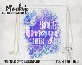 May include: A white drawstring bag mockup with a watercolor design of purple, blue, and pink flowers. The text "YOUR Image HERE" is written in white on the bag. The bag is on a white background.