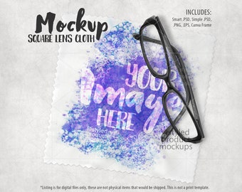 May include: A square lens cloth mockup with a pair of black eyeglasses on top. The cloth has a watercolour background with purple, blue, and pink hues. The text "Your Image Here" is written in white on the cloth.