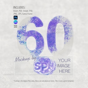 Op de afbeelding: Een helder acryl nummer 60 met een paars aquarelontwerp. De basis bevat de tekst "Mockup by SPM" en "Your Image Here". De afbeelding bevat ook de tekst "Includes: Smart .PSD, Simple .PSD, .PNG, .EPS, Canva Frame".