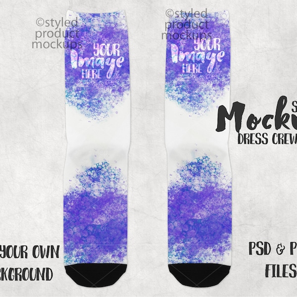 Dye sublimation dress socks with black toe and heel Mockup | Add your own image and background