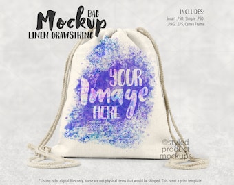 Dye sublimation linen drawstring bag mockup template | Add your own image and background